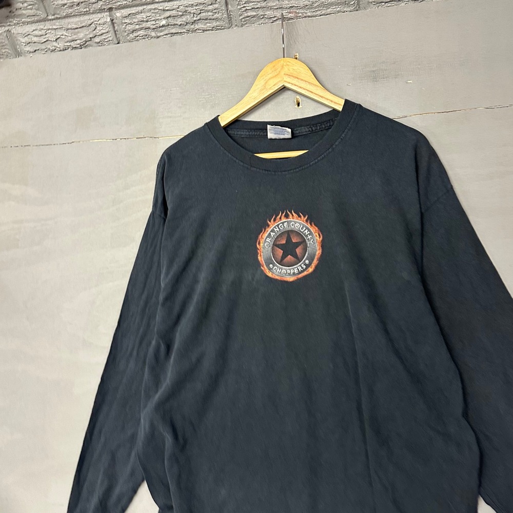 Orange‎ County Choppers Mens XL Black Long Sleeve Graphic T-Shirt Flaming Star